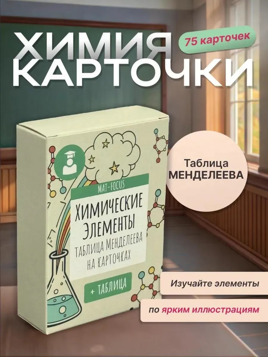 Упаковка и карточки товара «Таблица Менделеева - сборник химических элементов. Шпаргалки»