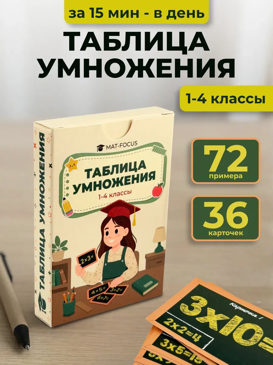 Упаковка и карточки товара «Таблица умножения 1–4 класс. Тренажер устного счета»